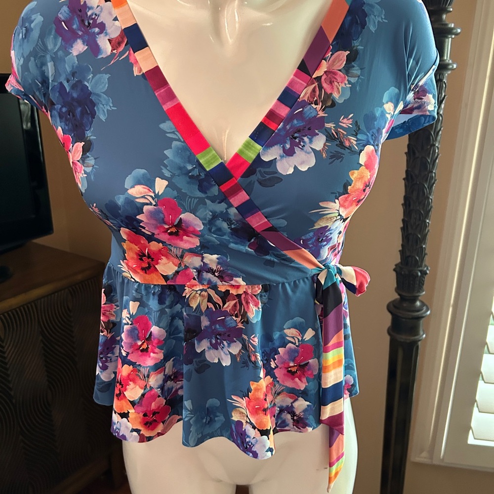 Johnny Was Blue Wrap Peplum Blouse